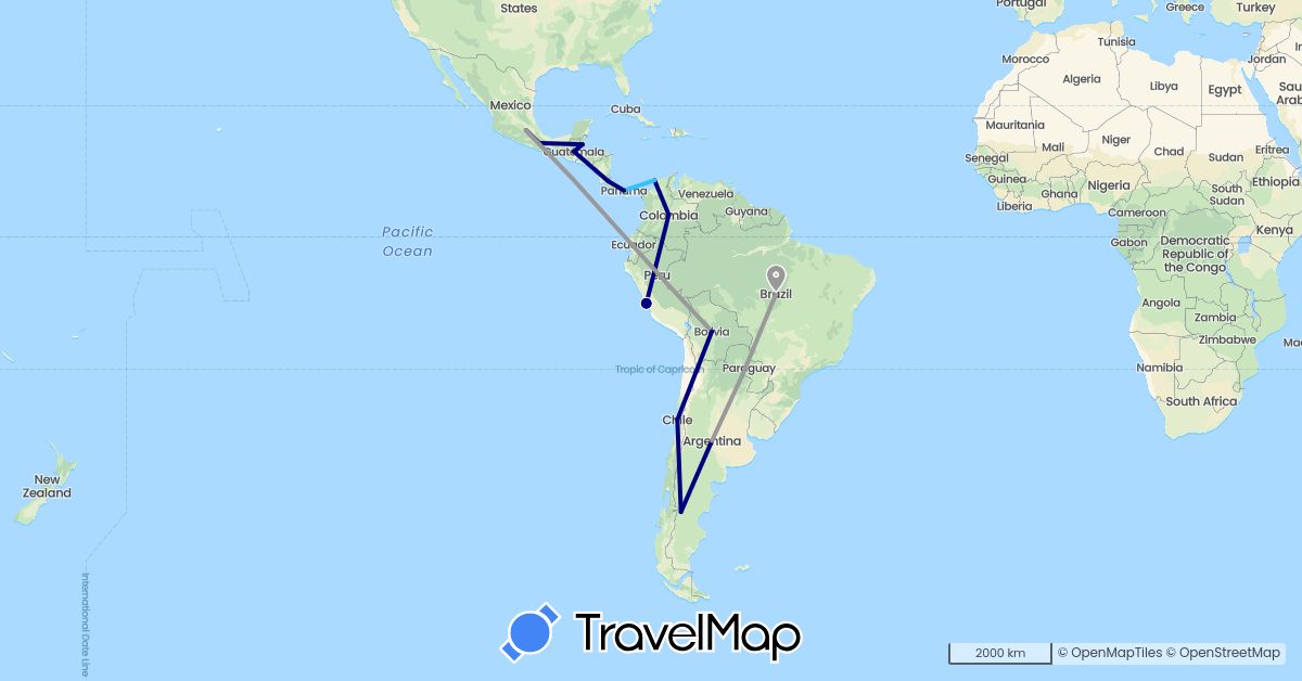 TravelMap itinerary: driving, plane, boat in Argentina, Bolivia, Brazil, Belize, Chile, Colombia, Costa Rica, Guatemala, Mexico, Panama, Peru (North America, South America)